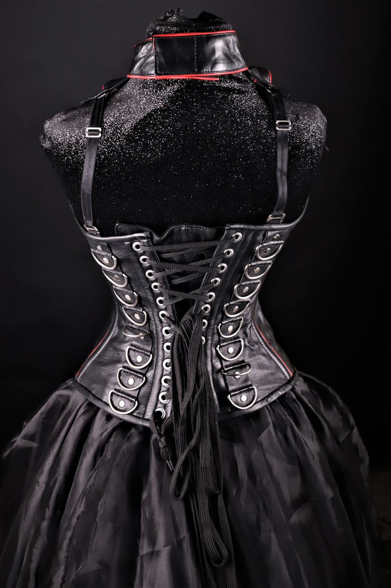 Leather Black D-Ring With Red Piping And Collar Overbust