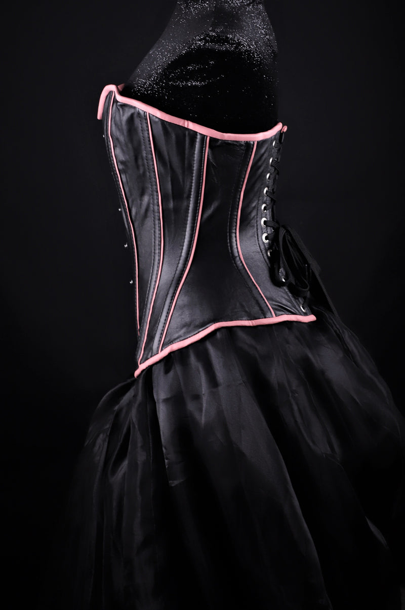 Piping Leather Black And Pink Corset Overbust