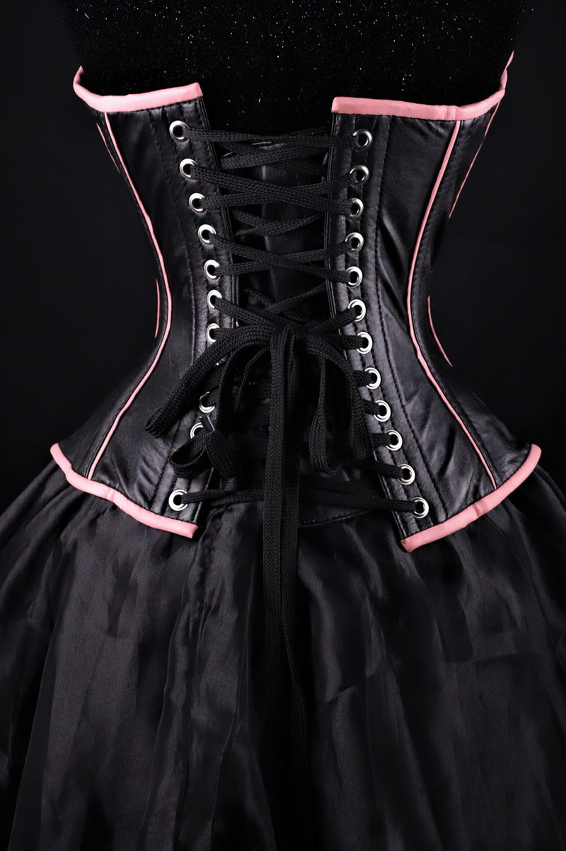 Piping Leather Black And Pink Corset Overbust