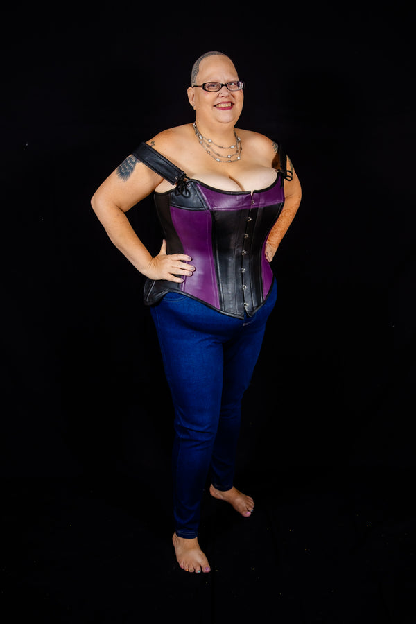 Leather Overbust Corset; Tulip in Black & Purple