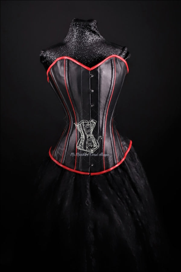 Piping Leather Corset Black W/ Red Overbust