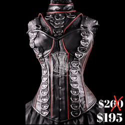 Ms. Martha Leather Overbust Corset With Drings And Neck Piece - Black/red Piping