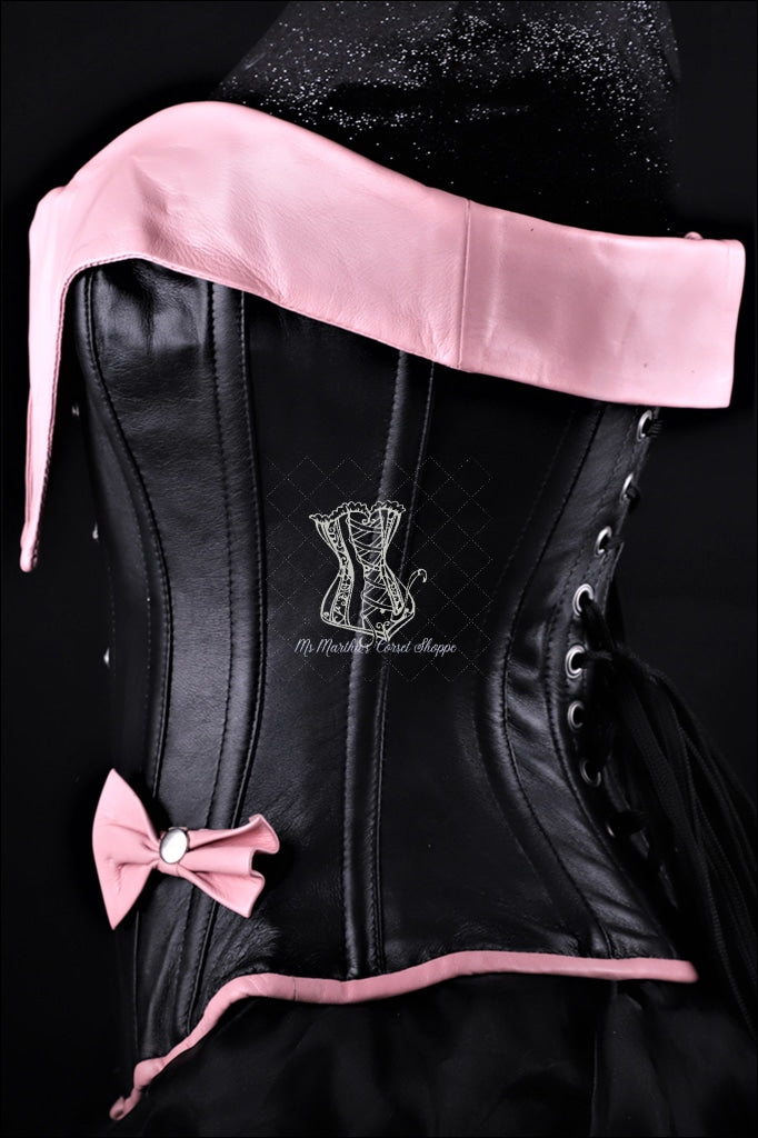 Pin-Up Girl Black And Pink Leather Corset Overbust