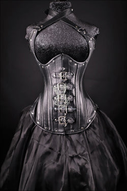 Buckle Halter Black Leather Corset Underbust