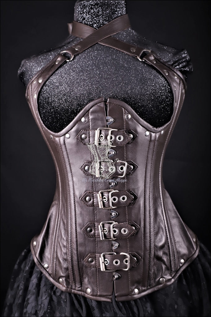 Buckle Halter Brown Leather Corset Underbust