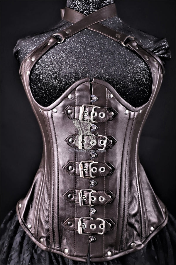 Buckle Halter Brown Leather Corset Underbust