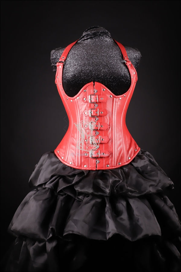 Buckle Halter Red Leather Corset Underbust